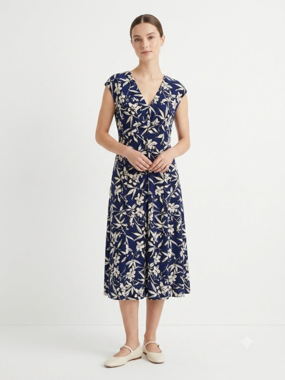 Chaps Dress Blue Floral Midi Fit & Flare Empire Waist Office XL